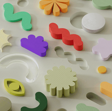 Colorful pieces fitted into a base, like a modular system
