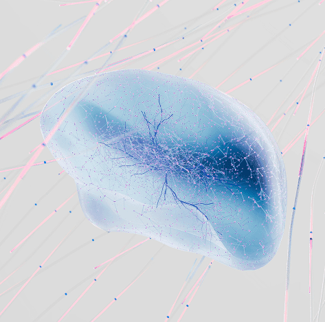 Translucent brain surrounded by strands of data, representing artificial intelligence