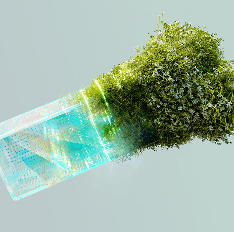 Glass block with circuits turning into greenery, between technology and nature