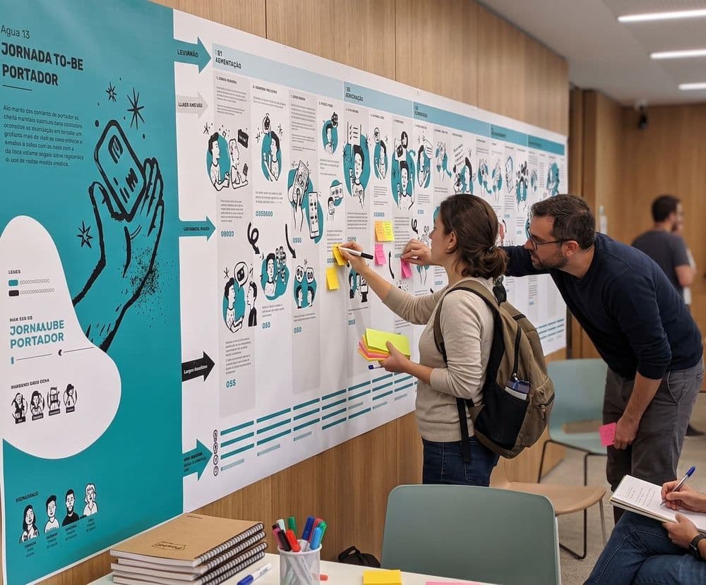 Pessoa organizando post-its na parede durante uma sessão de design de serviço