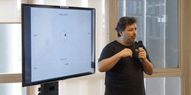 Consultor da Uzzer, Marcelo Morais, na frente de uma tela de TV grande, segurando um microfone e apresentando o Mapa de Empatia para a turma do Sebrae Nacional.